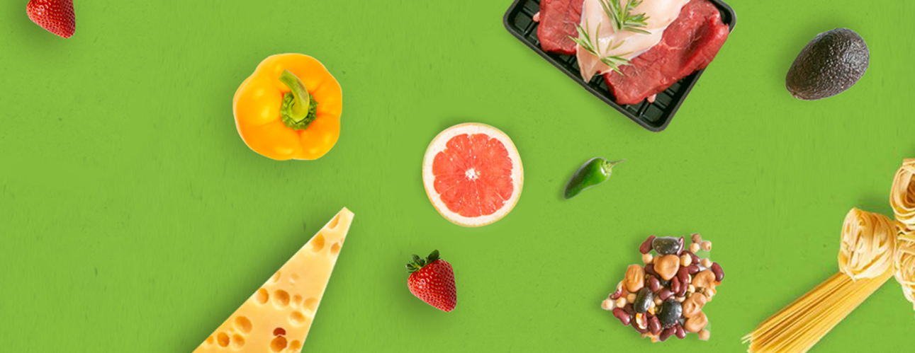 Collage of different food on a green background